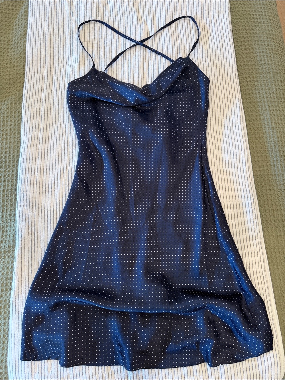 Satin cowl neck Slip Dress with Spaghetti Straps - Navy Polka Dot